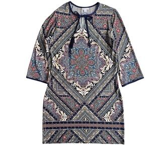 Westport Women’s 10 Navy Multi. Geometric Paisley 3/4 Sleeve Stretch Shift Dress